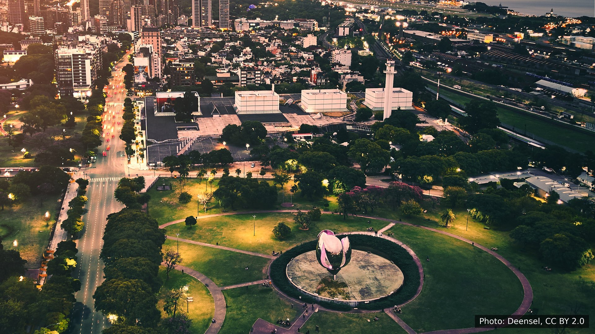 Buenos Aires’ Palermo parks at dusk, with the Floralis Genérica sculpture