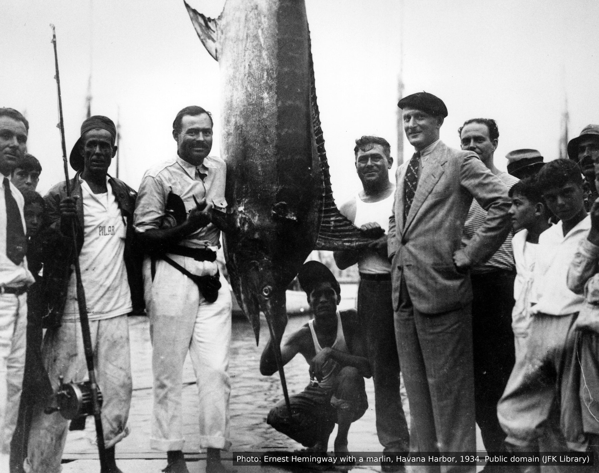 Ernest Hemingway with a giant marlin in Havana Harbor, 1934