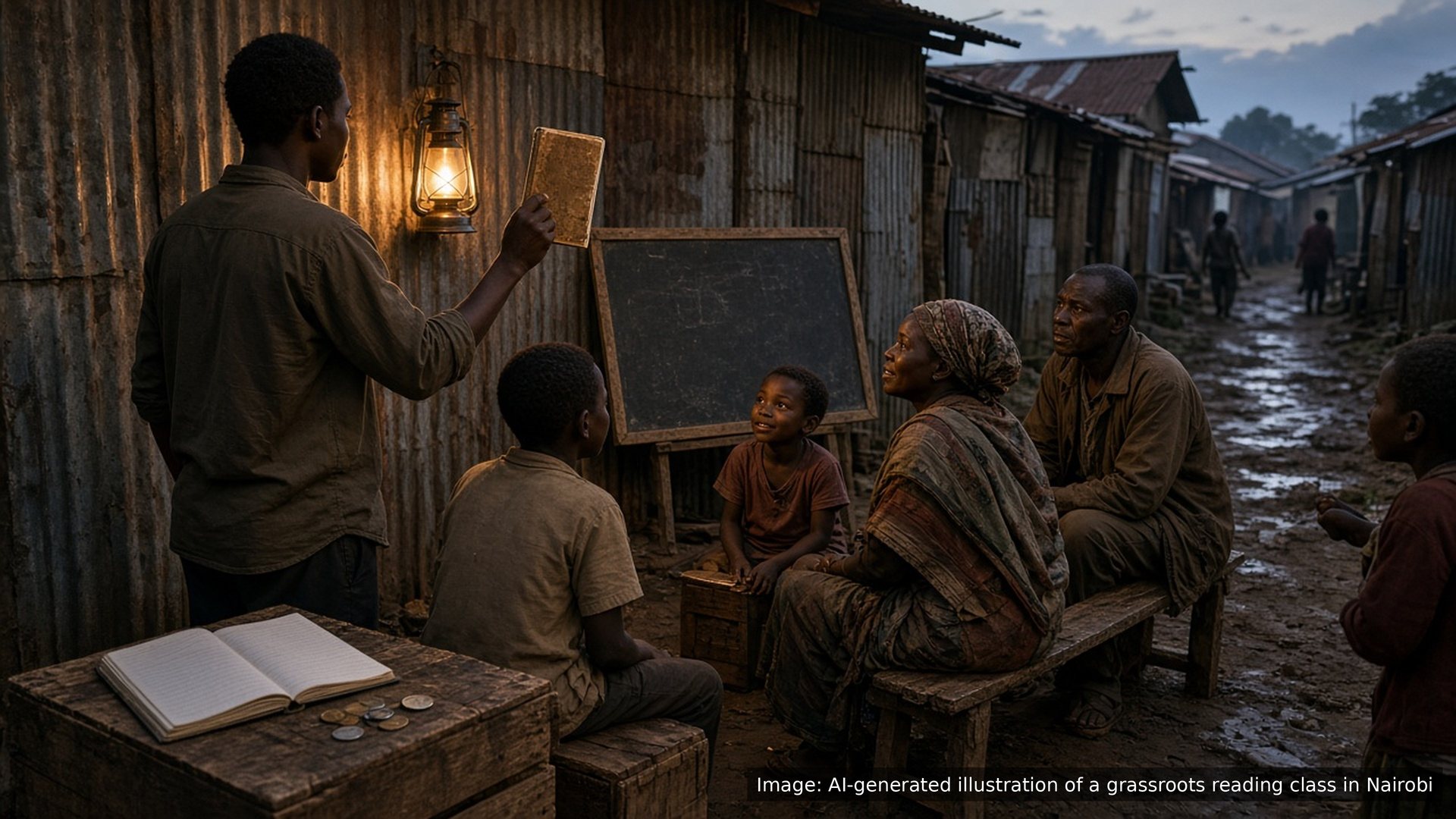 AI-generated image: a young man teaching his neighbors to read by lantern light in Nairobi
