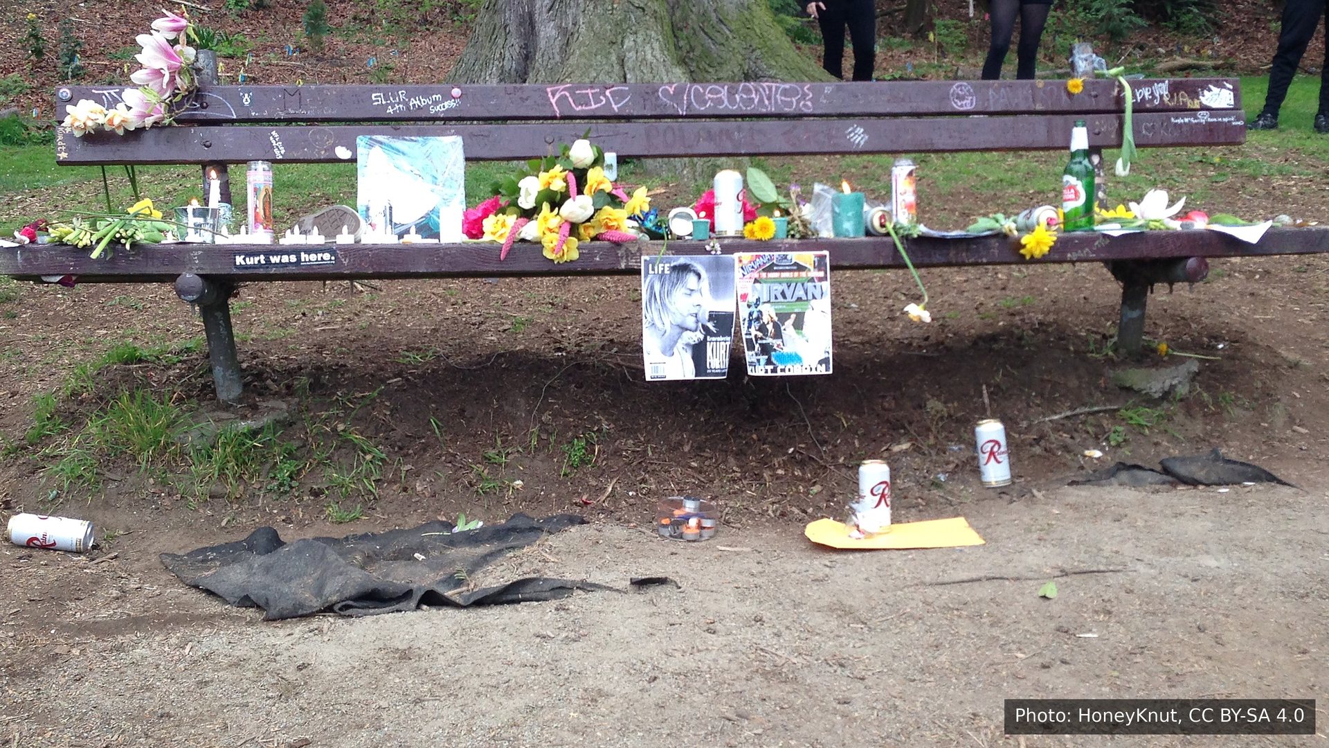 Kurt Cobain's memorial bench in Viretta Park, Seattle, covered in flowers