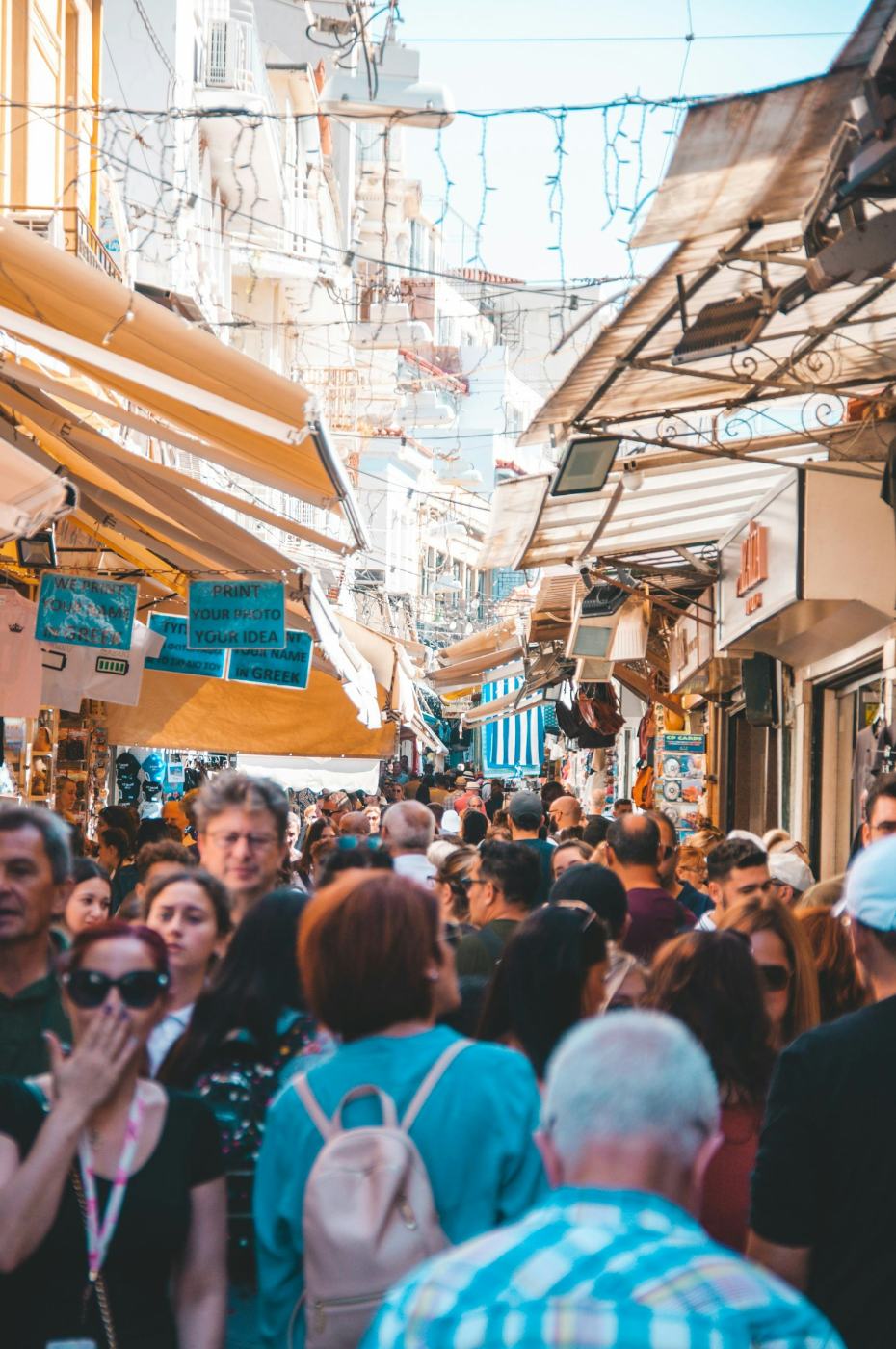 The Monastiraki market lanes, packed with people