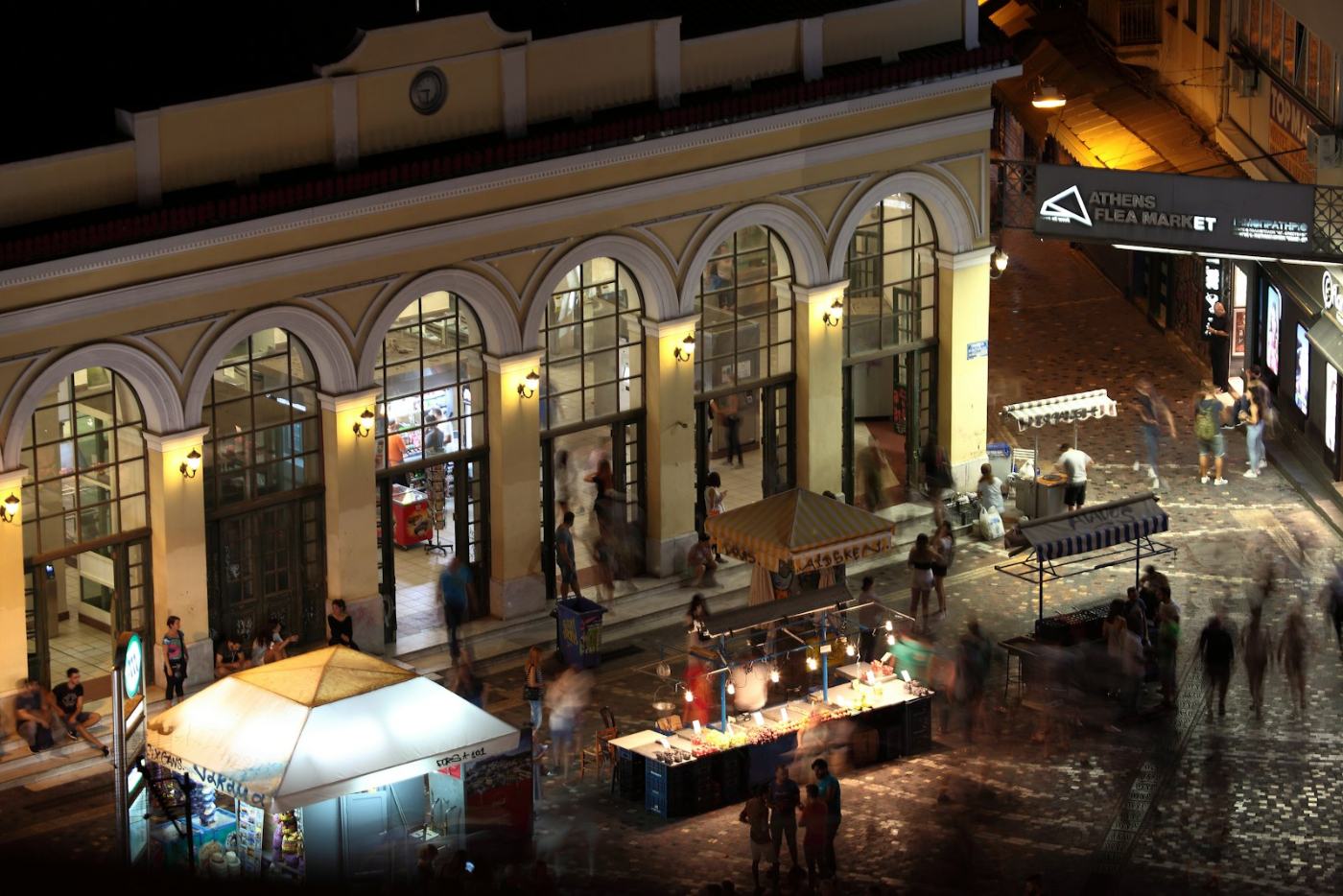 Monastiraki at night, the old station all lit up