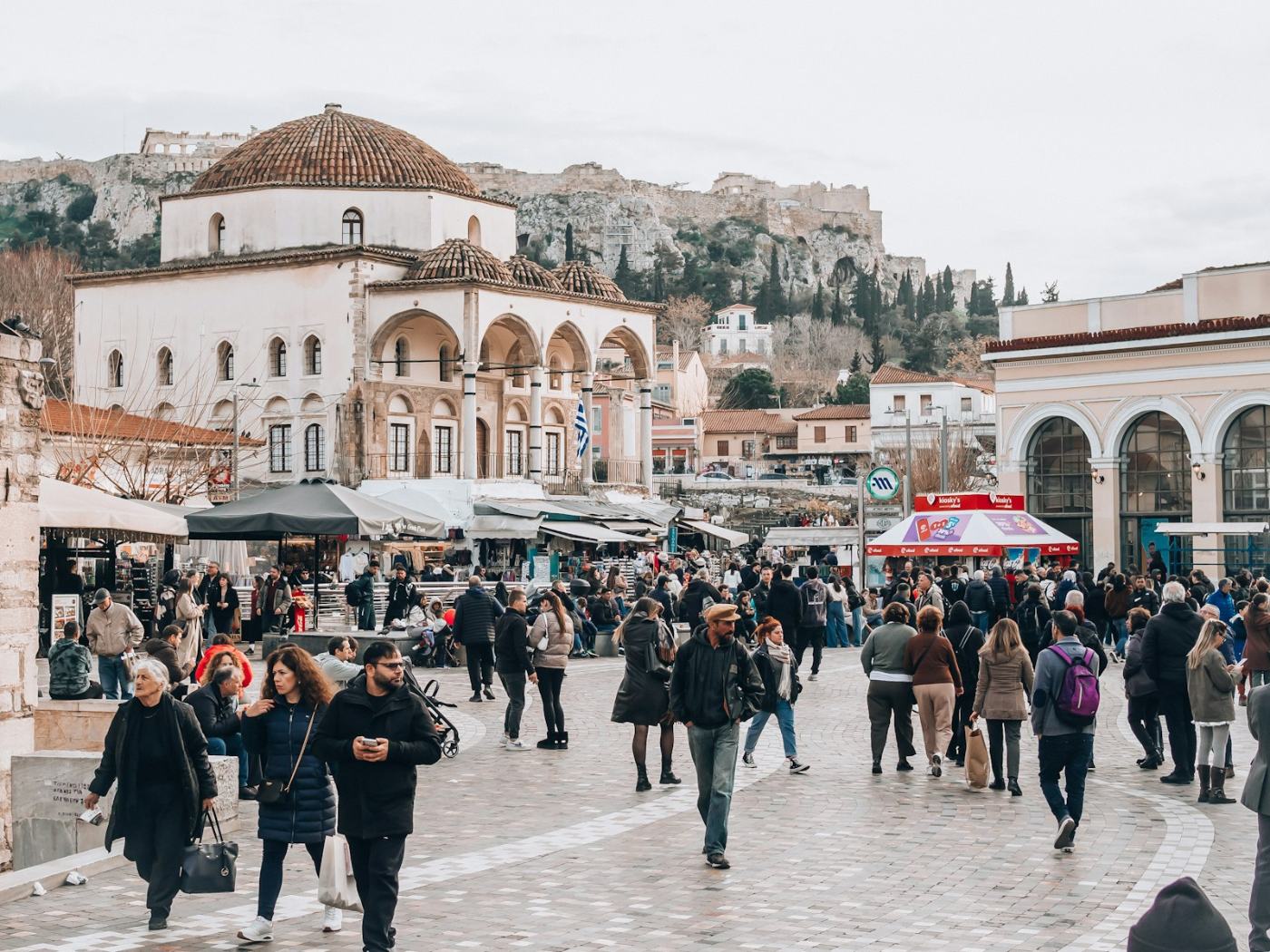 Monastiraki Square, buzzing under the Acropolis