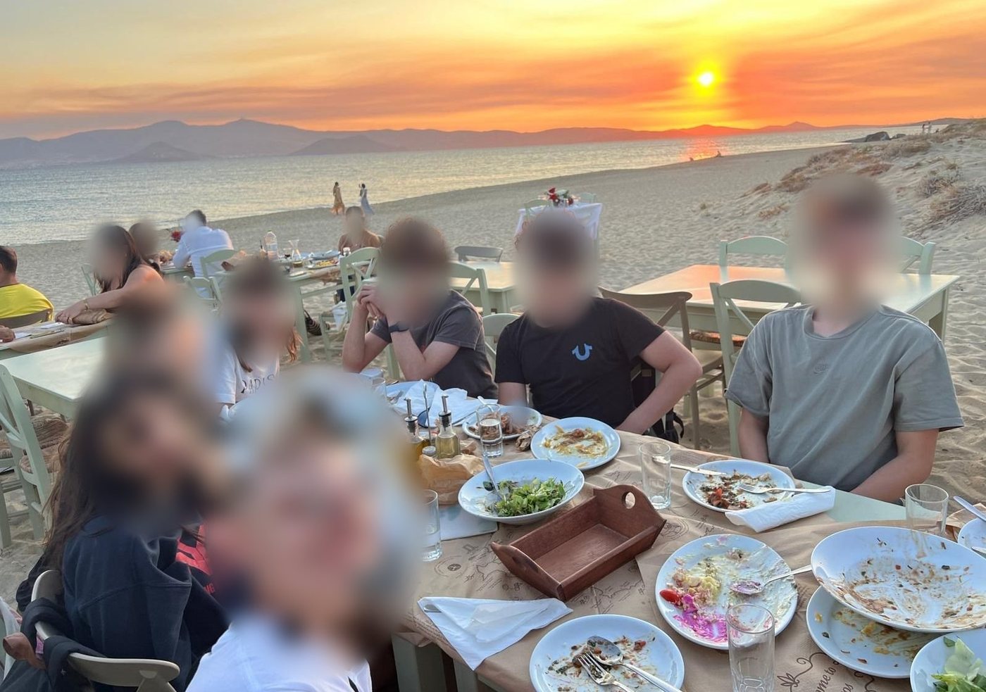 Dinner on the sand at Maragas beach, Naxos, as the sun goes down