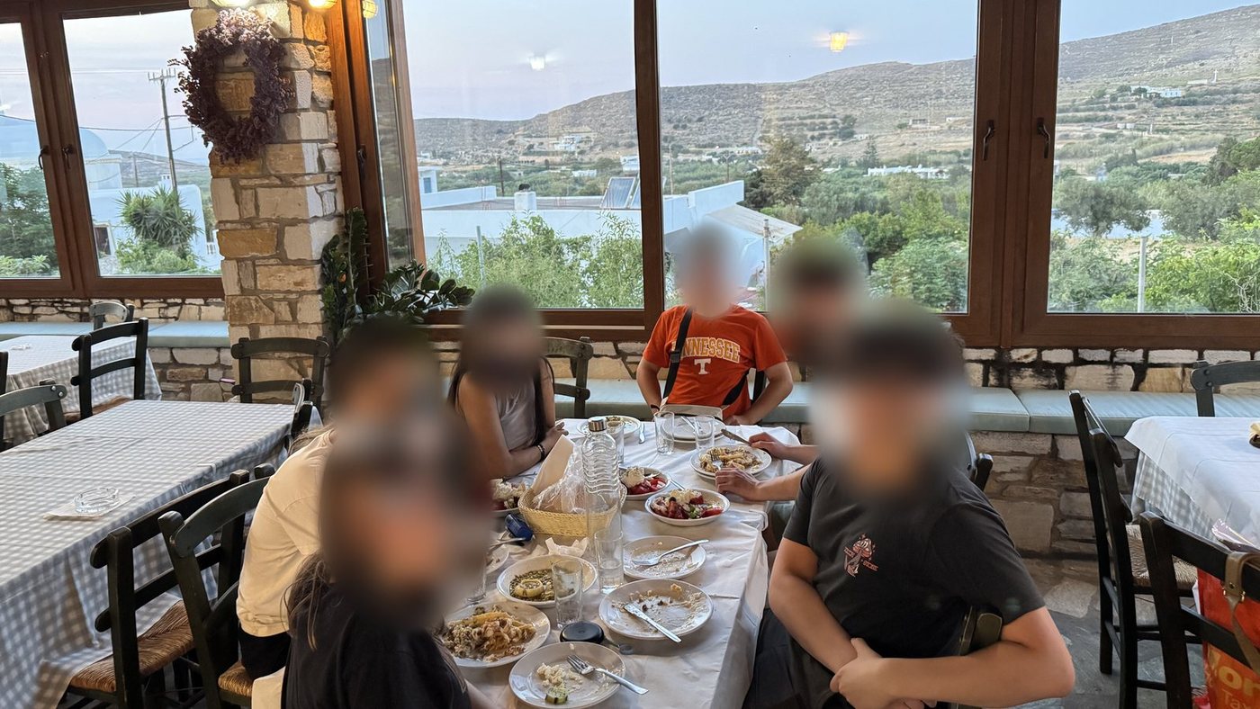 Supper together at a village taverna with a view, Naxos