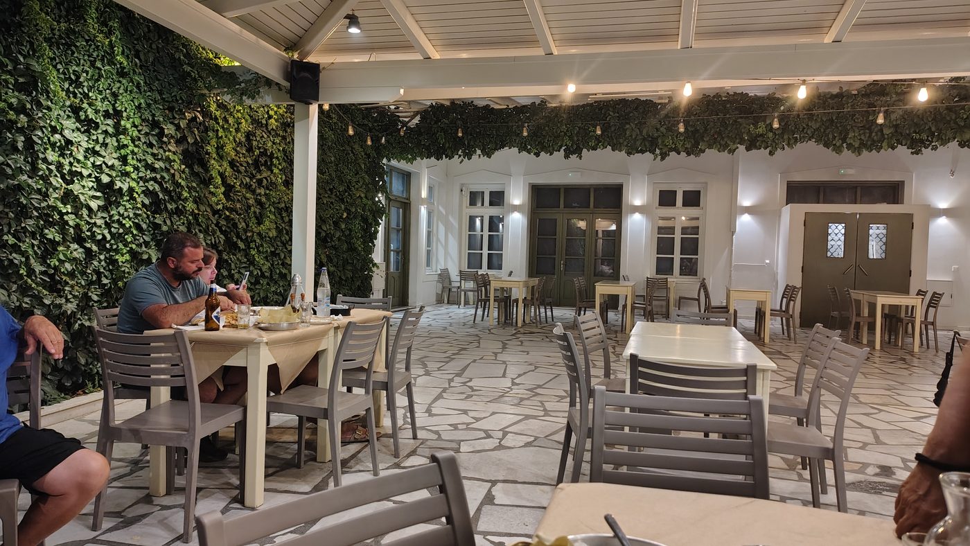 A shady taverna courtyard in the village of Potamia, Naxos