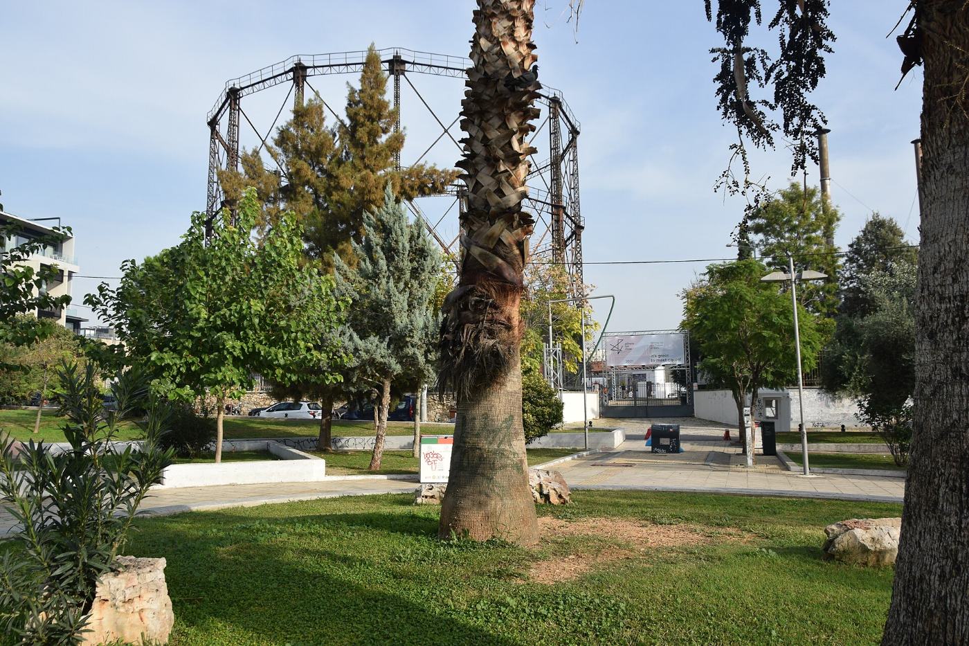 The square by Technopolis in the daytime, with the gasholder behind