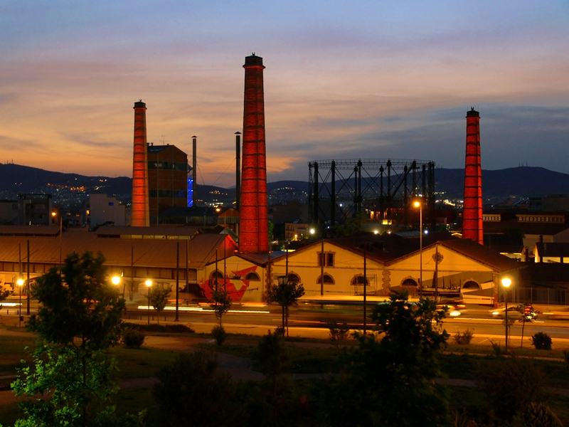 The Technopolis chimneys at sunset, as Gazi wakes up for the night